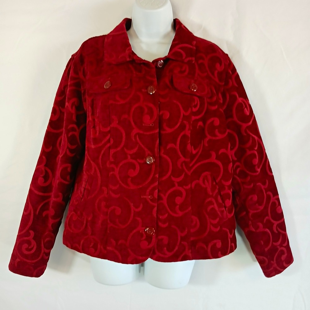 Croft & Barrow Maroon Jacket Floral velvet textured buttons Sz L. casual office.